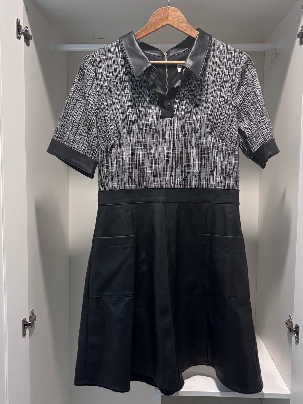 Eliza J Women's Dress Size 12 Fit Flare Black Faux Leather Black White top